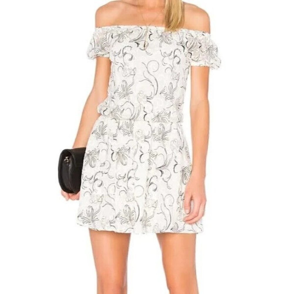 Alice + Olivia Janelle Off The Shoulder Silk Mini Dress Size 10 Embroidered